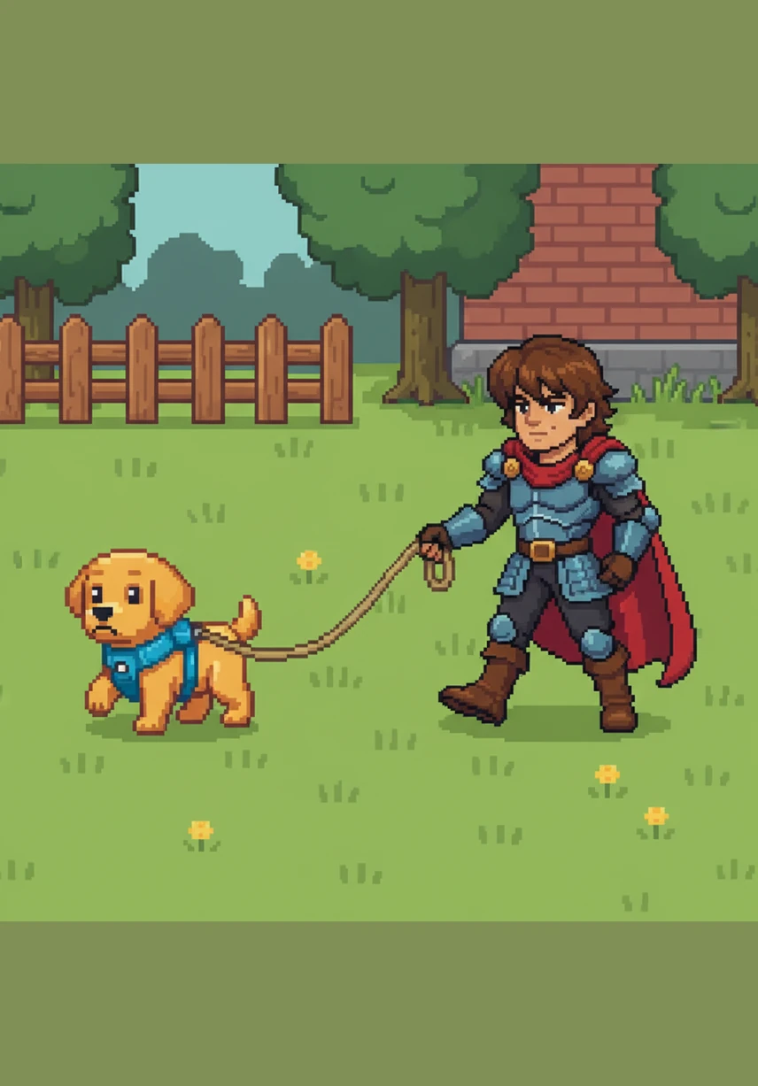 Barnaby wears a bright blue harness for the first time, looking a bit confused by the long leash attached to his back. They practice walking in straight lines across the green lawn, learning that pulling doesn't get them to the squirrels any faster. Leo walks with steady steps, teaching his friend to stay right by his side.