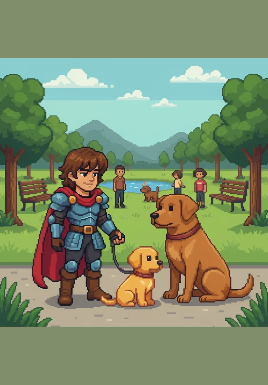 At the local park, Barnaby meets a calm older dog named Max who shows him how to behave politely with others. Leo holds the leash firmly but gently, rewarding Barnaby with a pat on the head for staying calm instead of jumping up. Socializing is hard work, but Barnaby is making new friends every minute.