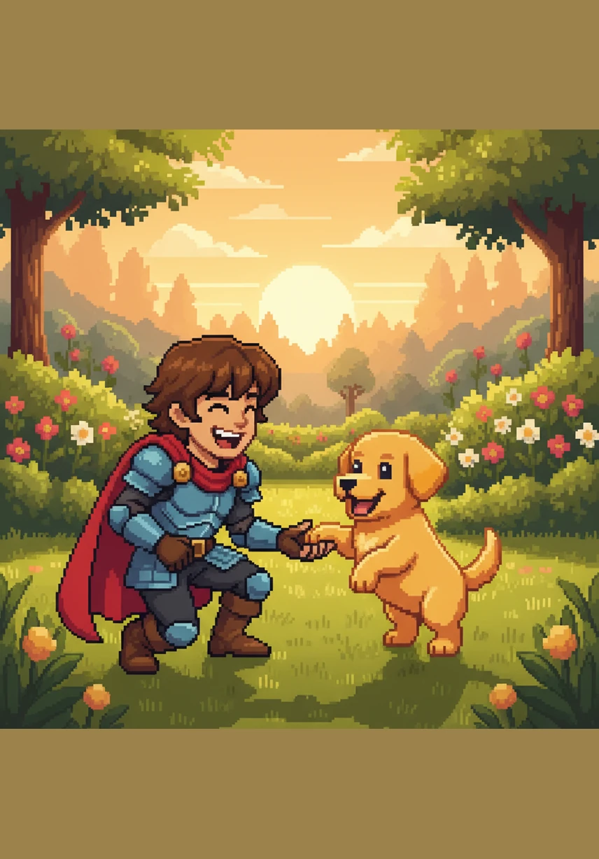 Training isn't just about rules; it is about having fun together in the golden afternoon light of the garden. Leo teaches Barnaby how to shake, and the puppy proudly lifts a furry paw to place it right in Leo’s open palm. They laugh together, realizing that learning new tricks is just another way to play.
