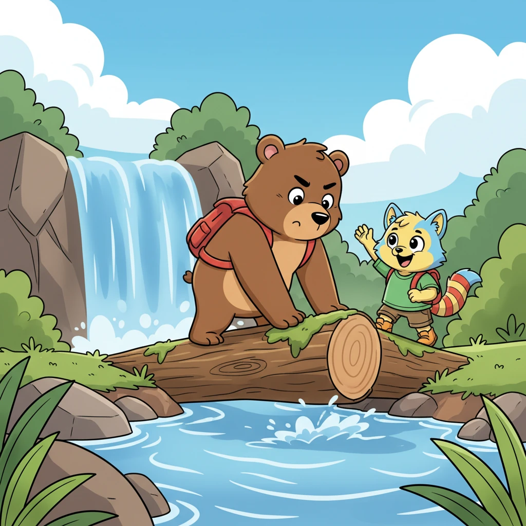 Untuk menyeberangi sungai kecil di bawah air terjun, mereka harus meniti batang pohon tumbang. Kiki dengan gesit melompat menyeberang, sementara Bimo dengan hati-hati menapakkan kakinya yang besar. Kiki menunggu dengan sabar di sisi lain, memberikan semangat pada sahabat beruangnya. Mereka berhasil melewatinya bersama.