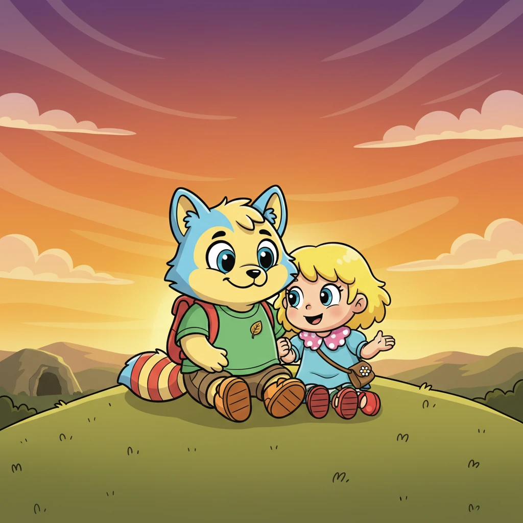 Mereka keluar dari gua dan duduk di atas bukit kecil, menyaksikan matahari terbenam yang mewarnai langit dengan jingga dan ungu. Kiki bersandar pada Bimo yang hangat, dan mereka berbagi cerita tentang hari-hari mereka sebelumnya. Persahabatan mereka terasa semakin erat.