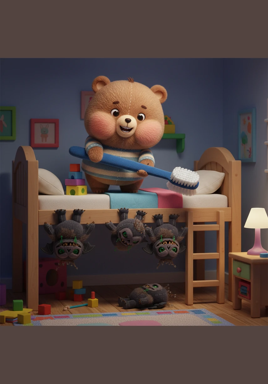 小熊啵啵是个超级甜食控，他最喜欢亮晶晶的棒棒糖和软糯的巧克力蛋糕。每天晚上，当妈妈催促他去刷牙时，他总是调皮地捂着嘴巴，一溜烟钻进被窝假装睡着了。