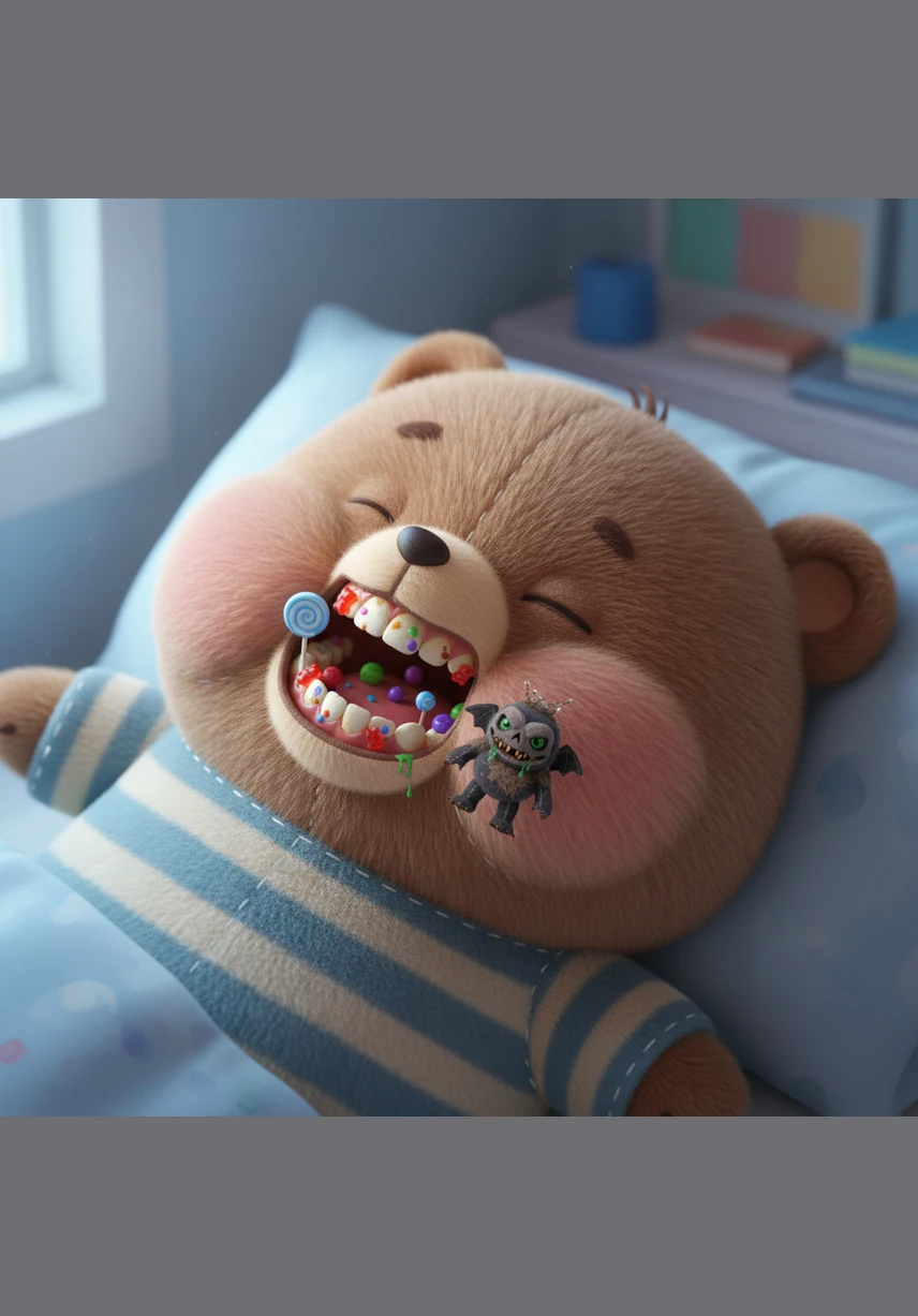 深夜里，啵啵进入了甜美的梦乡，但他不知道自己的嘴巴里正发生着变化。借着月光，可以看到他的牙缝里塞满了五颜六色的甜食残渣，一颗大牙上悄悄出现了一个黑乎乎的小洞。