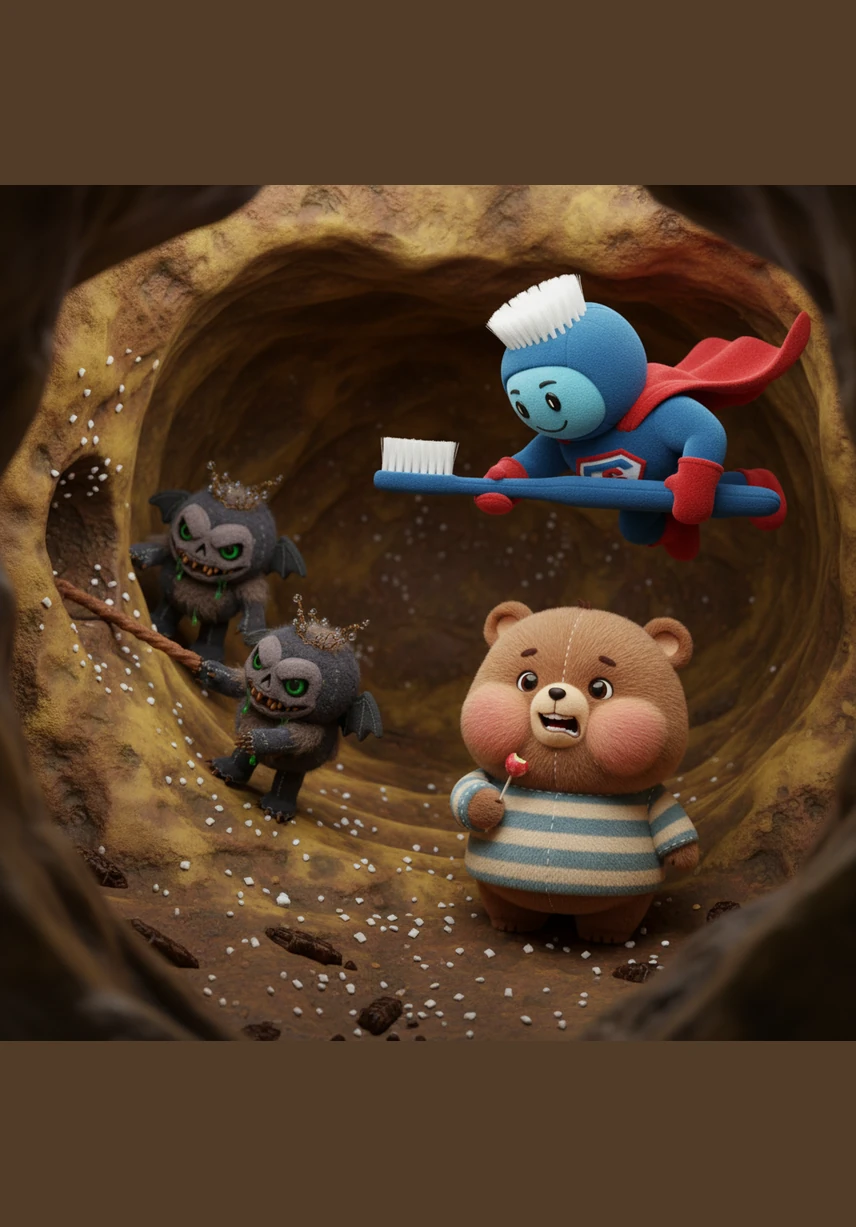 小精灵们搬来黏糊糊的巧克力酱当水泥，用坚硬的饼干屑垒起城墙。很快，一座散发着甜腻气味的“糖果宫殿”在啵啵的牙洞里拔地而起，到处都是乱糟糟的食物残渣。