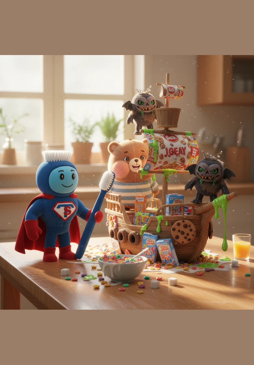 清晨，妈妈请来了威风凛凛的“牙刷超人”。它穿着蓝白相间的盔甲，头顶着一簇柔软而坚韧的鬃毛，脚下还踩着一团散发着清香的薄荷牙膏，准备开始一场伟大的营救。