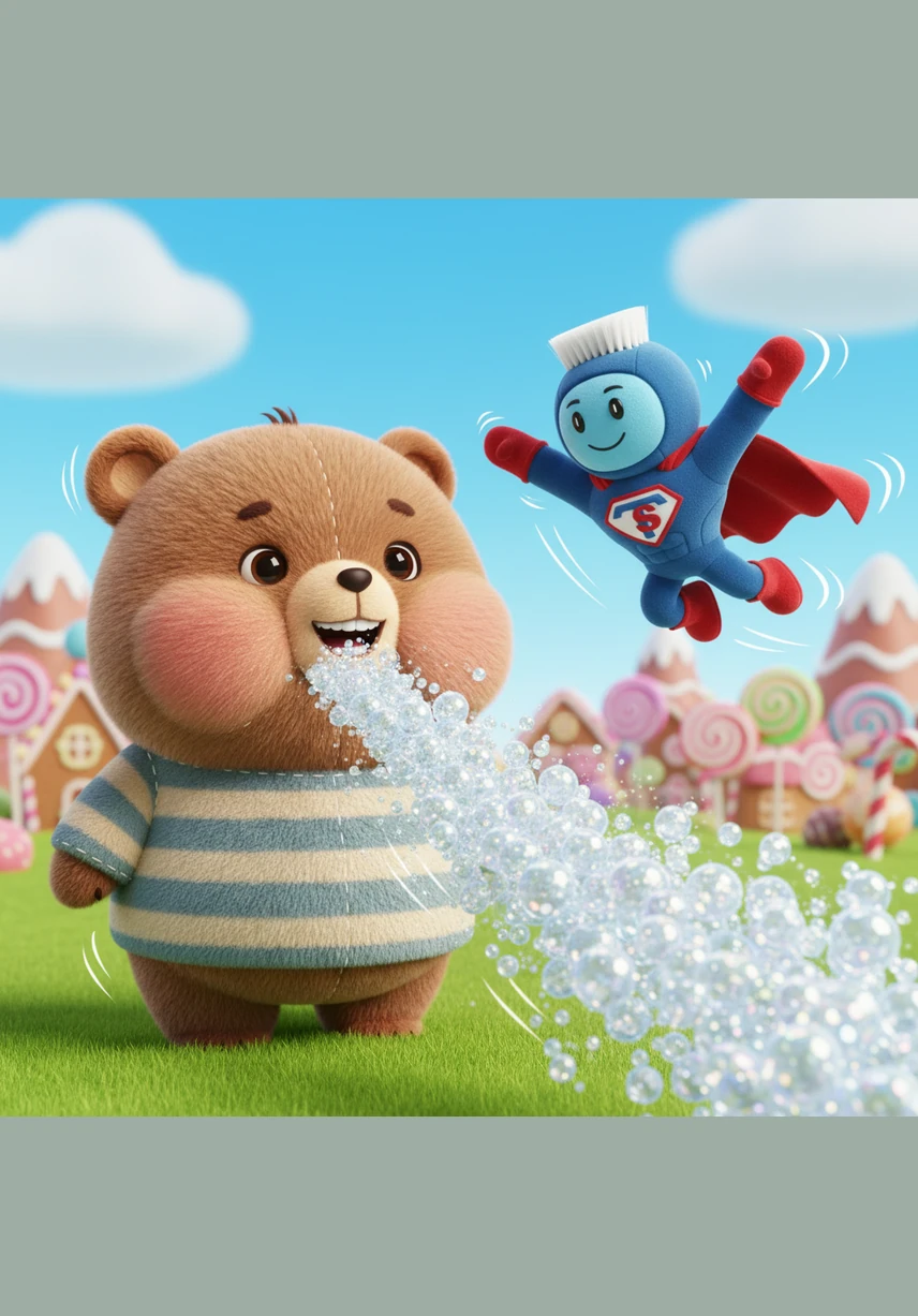 牙刷超人纵身一跃跳进啵啵的嘴巴，在牙膏的魔法下变幻出无数洁白的薄荷泡泡。这些泡泡像汹涌的洪水，又像轻盈的云朵，浩浩荡荡地向着那座黏糊糊的糖果王国冲去。