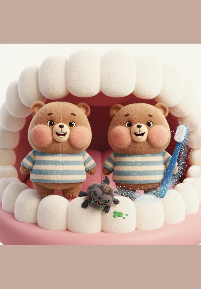 随着清凉的水流冲过，所有的污垢、细菌和黏糊糊的残渣都被彻底带走了。原本黑漆漆的牙洞被清理得干干净净，空气中充满了清新好闻的薄荷香气，啵啵的牙齿终于不再疼了。