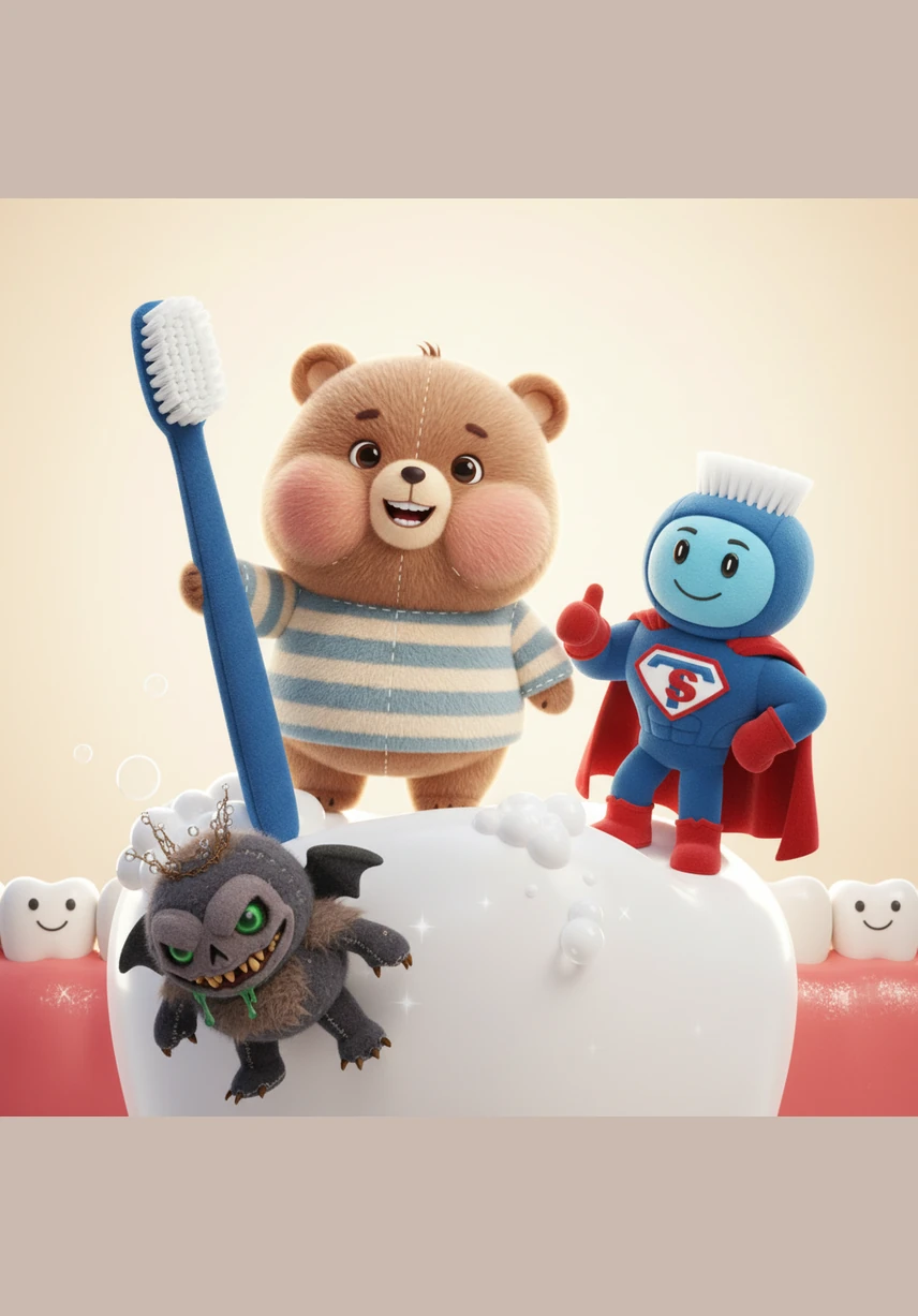 啵啵对着镜子张开嘴，他的牙齿像珍珠一样闪闪发光。从那天起，啵啵每天都会认真地请牙刷超人为自己站岗，再也不给蛀虫精灵建造糖果王国的机会了。