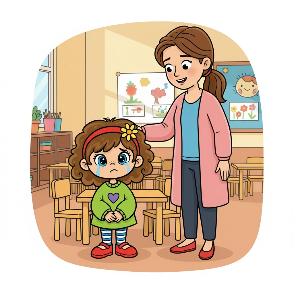 Вчителька, пані Ольга, помітила сум Софійки. Вона підійшла до неї, посміхнулась і ніжно поклала руку на плече дівчинки. "Що трапилось, Софійко?" - запитала вона лагідним голосом.