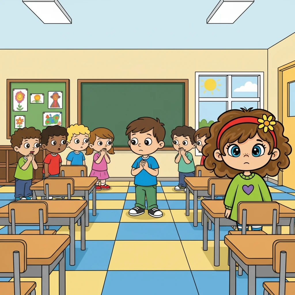 Наступного дня у класі з'явився новий хлопчик, Максим. Він виглядав розгубленим і сором'язливим. Діти перешіптувались, але ніхто не підходив до нього.