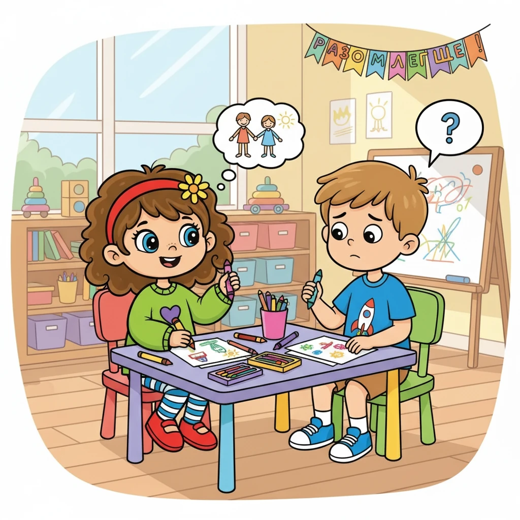 Разом вони почали малювати. Максим розповів Софійці, що йому важко в новій школі. Софійка сказала: "Не хвилюйся, у тебе все вийде! Разом легше!"