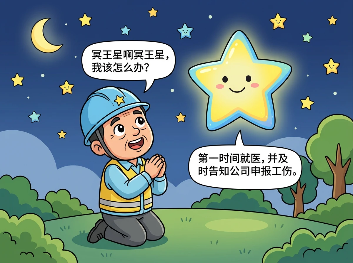 老李鼓起勇气，对着星星说：“冥王星啊冥王星，我该怎么办？” 冥王星的声音传来：“第一时间就医，并及时告知公司申报工伤。”