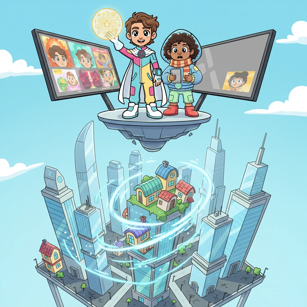 President Park, with a triumphant grin, unveils a glowing, encrypted disc to a bewildered official. Simultaneously, the city's vast electronic screens flicker from vibrant colors to a uniform, stark gray. Down below, tiny, humble homes magically transform into towering, futuristic skyscrapers, marking the dawn of the "Social Upgrade."