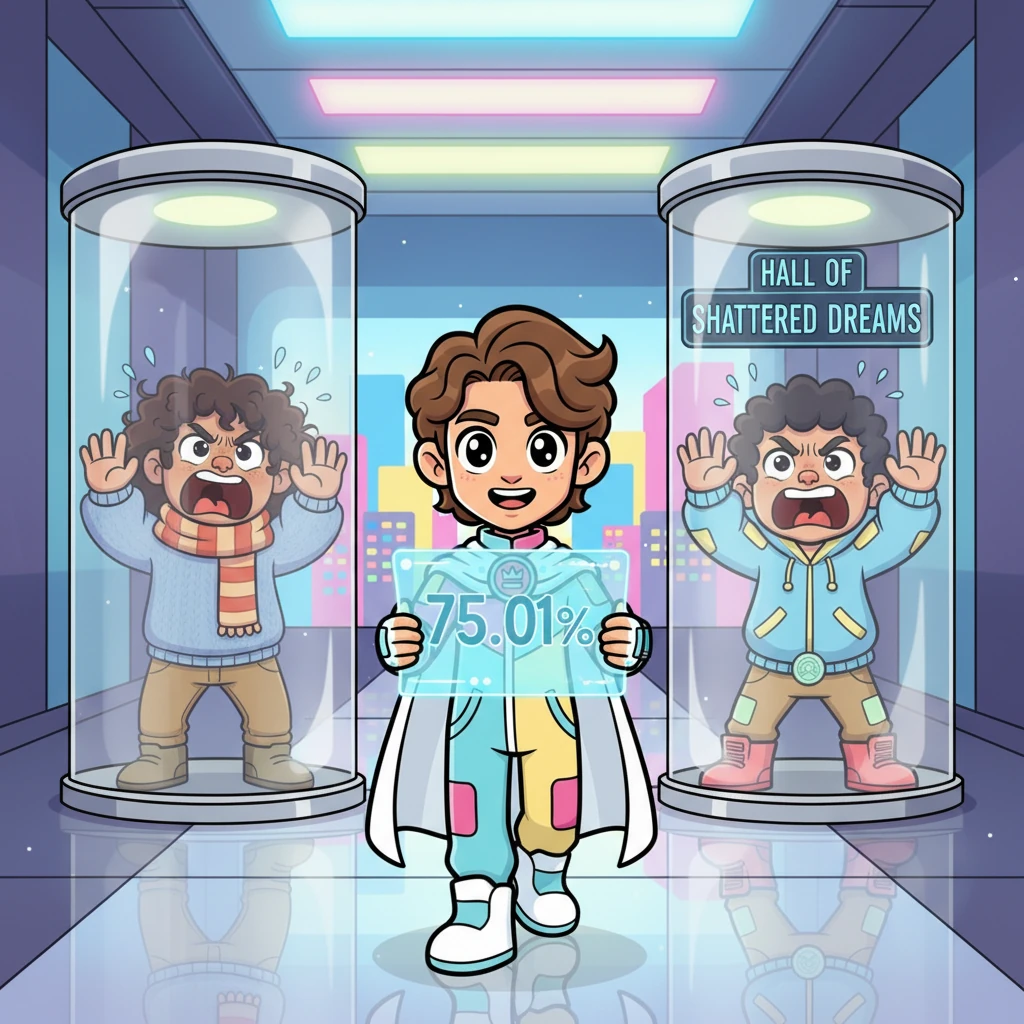 With a sly smirk, President Lee strides confidently down a shimmering glass corridor, displaying his overwhelming 75.01% share. Trapped behind the transparent walls of the "Hall of Shattered Dreams," his former allies pound furiously on the glass, their exaggerated faces contorted in cartoonish disbelief and rage.