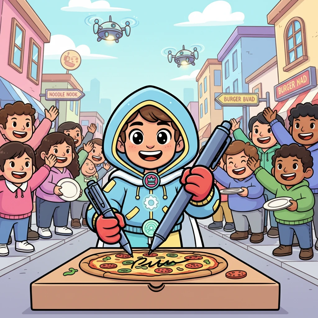 A jovial President Choi, still in his pizza delivery uniform, proudly signs a colossal pizza box with a flourish, cheered on by a delighted crowd of hungry citizens. Streets around him now boast whimsical names like "Noodle Nook" and "Burger Boulevard," while tiny, buzzing delivery drones hint at a hidden network.