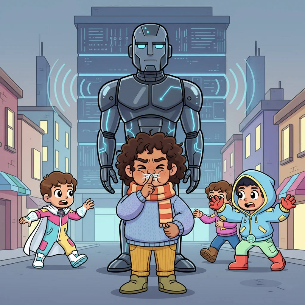 In a city cloaked in an eerie quiet, President Jung, a formidable figure of "iron and steel," stands perfectly still as citizens tiptoe silently past. One brave soul struggles to stifle a sneeze, their face comically scrunched up, as the faint, rhythmic hum of the National Server echoes through the hushed streets.