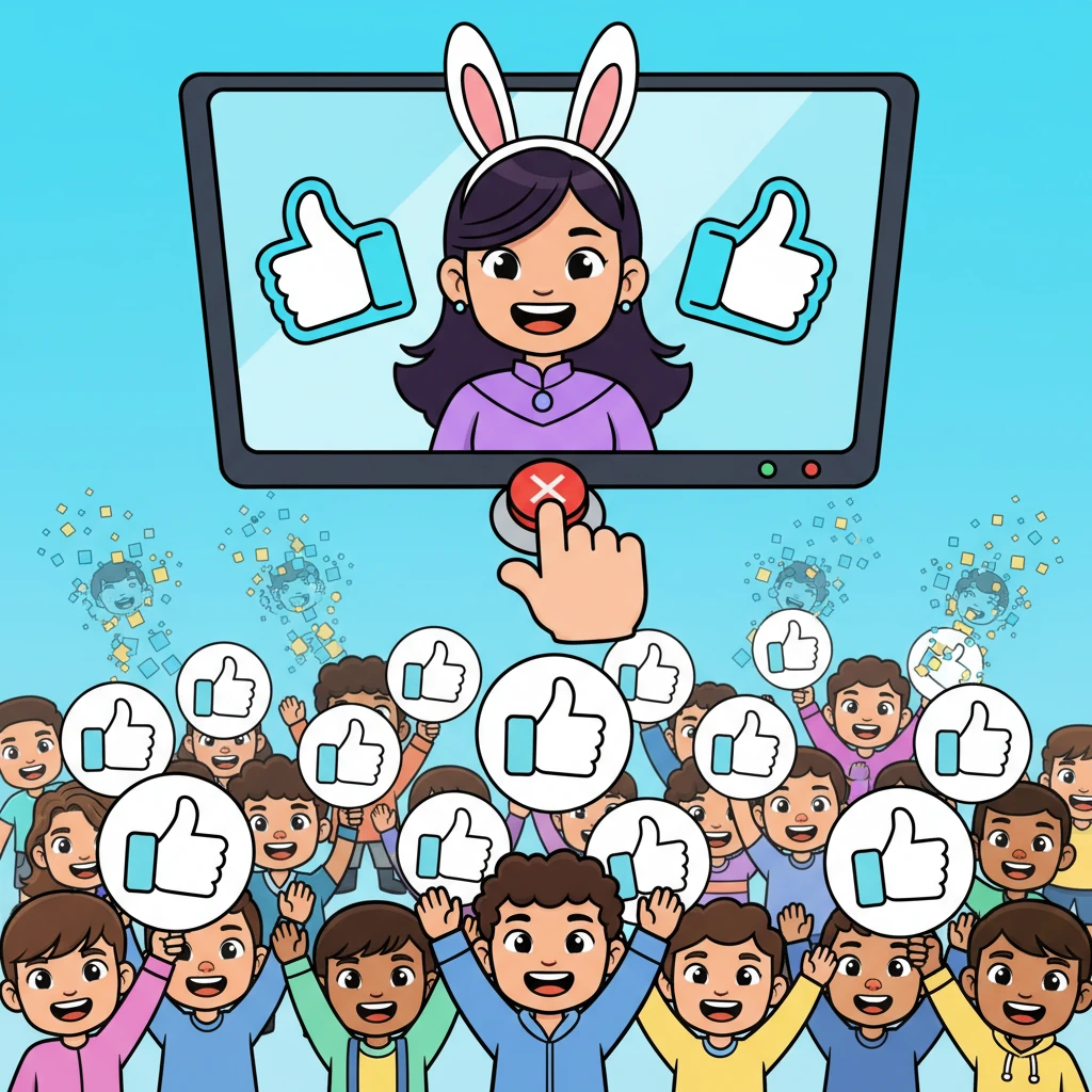 President Han, sporting playful bunny ears, beams from a colossal digital screen, her image flanked by adoring "like" icons. Below, citizens eagerly hold up their own "like" signs, oblivious to the fact that with a simple press of a button, dissenting figures are digitally erased from existence in a puff of pixels.