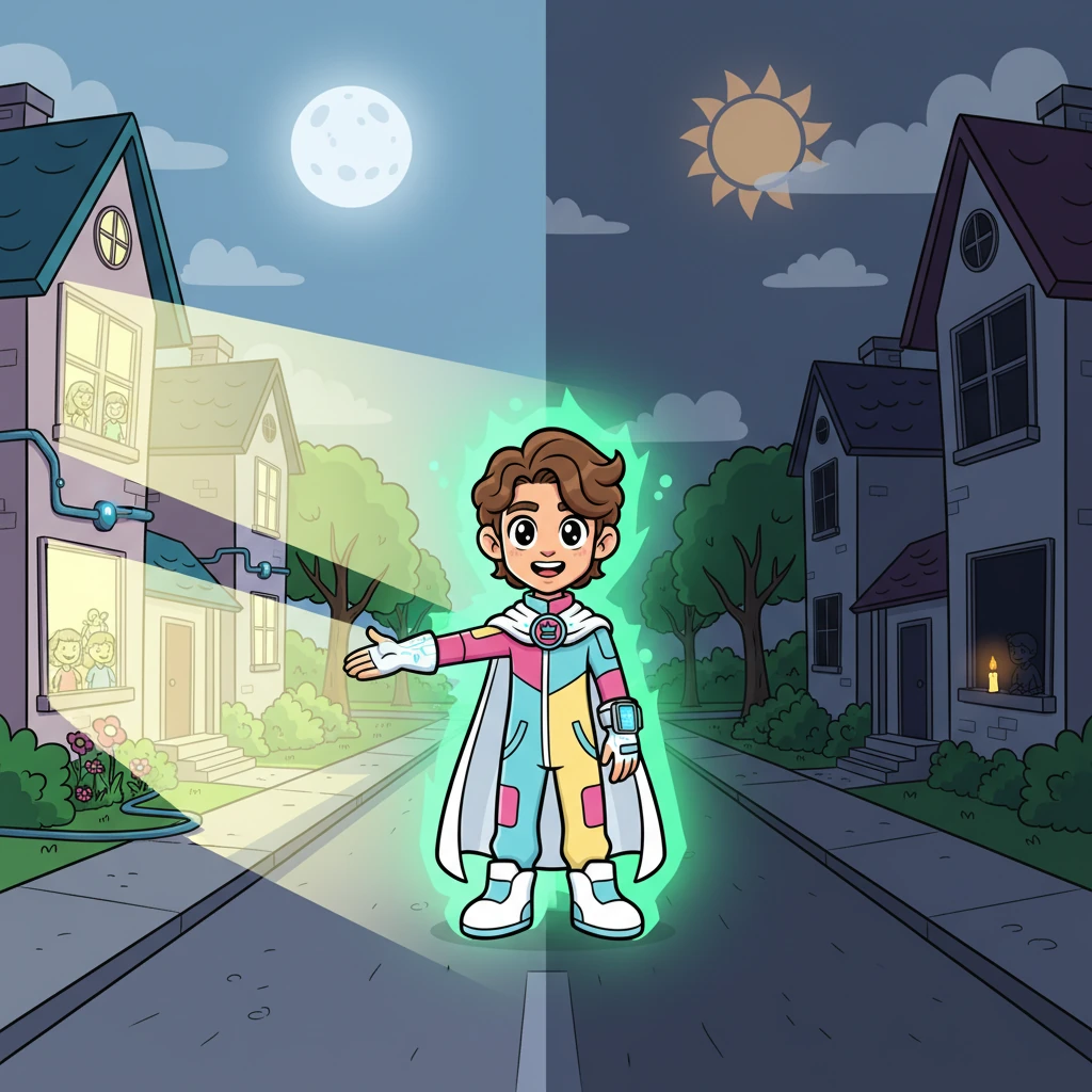 President Oh, radiant with green energy, proudly gestures towards a street divided by light. On one side, houses glow with an almost blinding brilliance, powered by his innovations. On the other, homes are plunged into deep shadow, with only a single, flickering candle offering a meager, lonely glow.