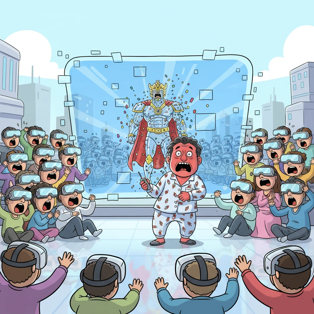 Millions of citizens, lost in their virtual realities with VR headsets, suddenly gasp as the colossal screen before them pixelates and flickers. President Sung, revealed in his silly cartoon pajamas, looks utterly mortified as his grand avatar dissolves, exposing his humble reality to the entire nation.