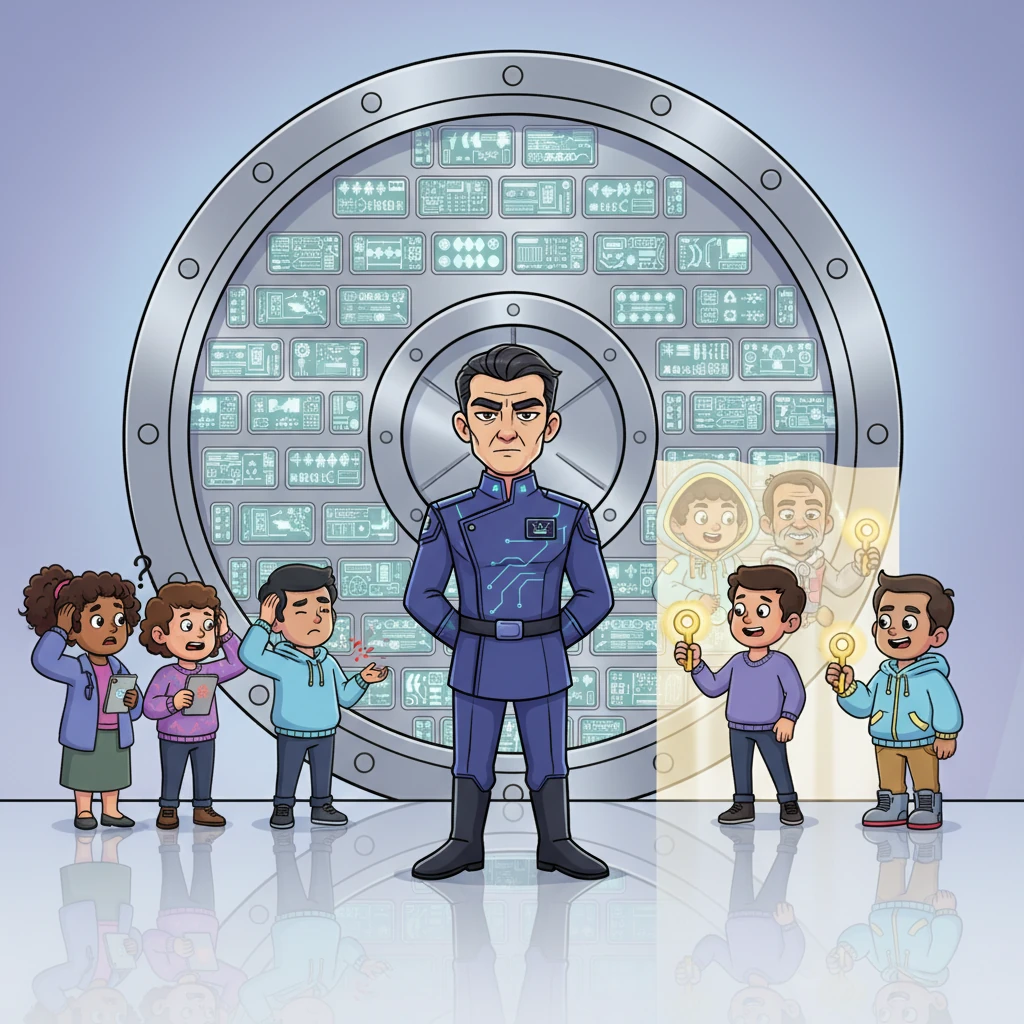 A stern President Kang, the cyber-general, stands before an enormous, impenetrable vault door covered in countless, complex password fields. Confused citizens scratch their heads, utterly baffled by the impossible security, while a select few, holding glowing "golden keys," effortlessly glide through any barrier.