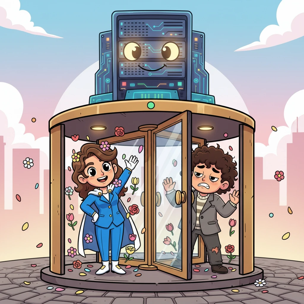 President Kim, a vision in blue, smiles gracefully as flowers rain down upon her. Yet, her triumphant procession grinds to a halt as the grand revolving door jams, trapping her with the defeated President Kang. Suddenly, the colossal National Server in the background opens its playful, glowing eyes, observing the comical scene with a knowing smirk.