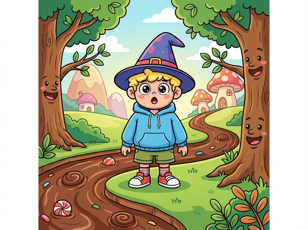 Ao colocar o chapéu na cabeça, Zeca sentiu um formigamento e, de repente, o sótão desapareceu! Ele se viu em uma floresta mágica, com árvores falantes e rios de chocolate.