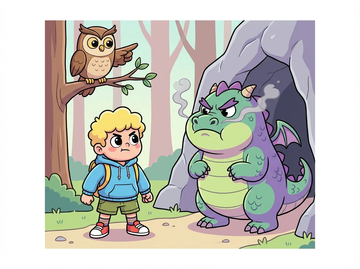 A coruja alertou Zeca sobre um dragão rabugento que guardava a saída da floresta. Zeca, com um pouco de medo, mas muita determinação, decidiu enfrentá-lo.