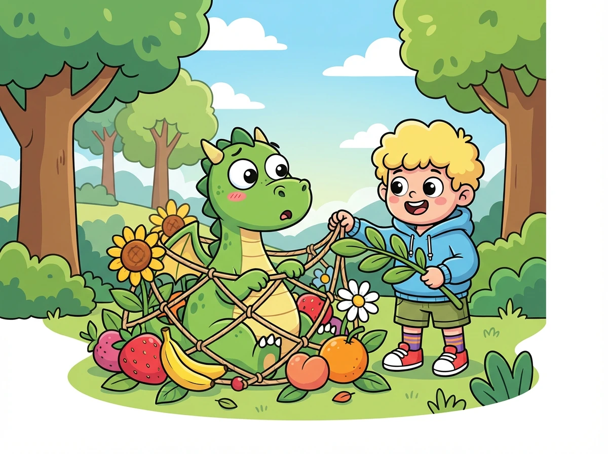 Zeca usou sua criatividade para construir uma armadilha engraçada com frutas e flores coloridas. O dragão, atraído pelo cheiro, ficou preso na armadilha, mas não se machucou.