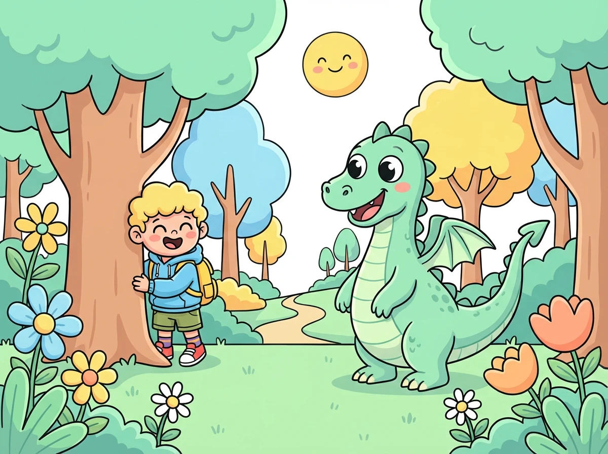 Zeca e o dragão brincaram de esconde-esconde e de pega-pega na floresta. O dragão, agora feliz e sorridente, mostrou a Zeca o caminho de volta para casa.