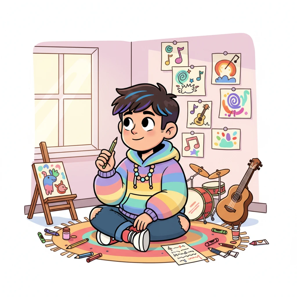 Alex, a bright-eyed boy with a shy smile, sits in his room, surrounded by colorful drawings and a half-finished song lyric sheet. He looks a little thoughtful, dreaming of a world where his inner melody can shine brightly for everyone to hear. His room is a playful explosion of art supplies and instruments, hinting at his creative spirit.