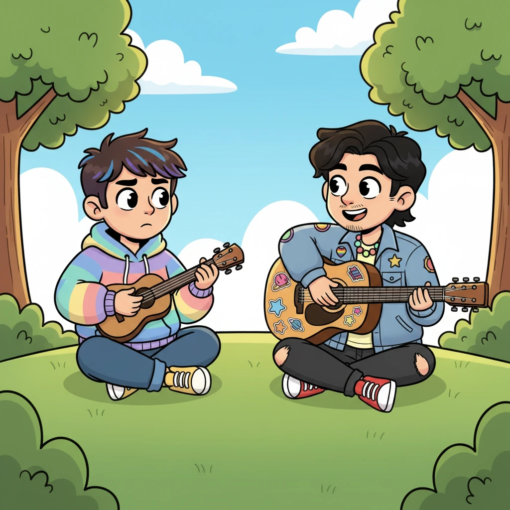 One sunny afternoon, Alex meets Frank, a kind, energetic musician with a cheerful grin and a guitar covered in quirky stickers. Frank encourages Alex to share his music, listening intently as Alex hesitantly strums a few notes on his small ukulele. Their shared passion for melodies sparks an instant, joyful connection between them.