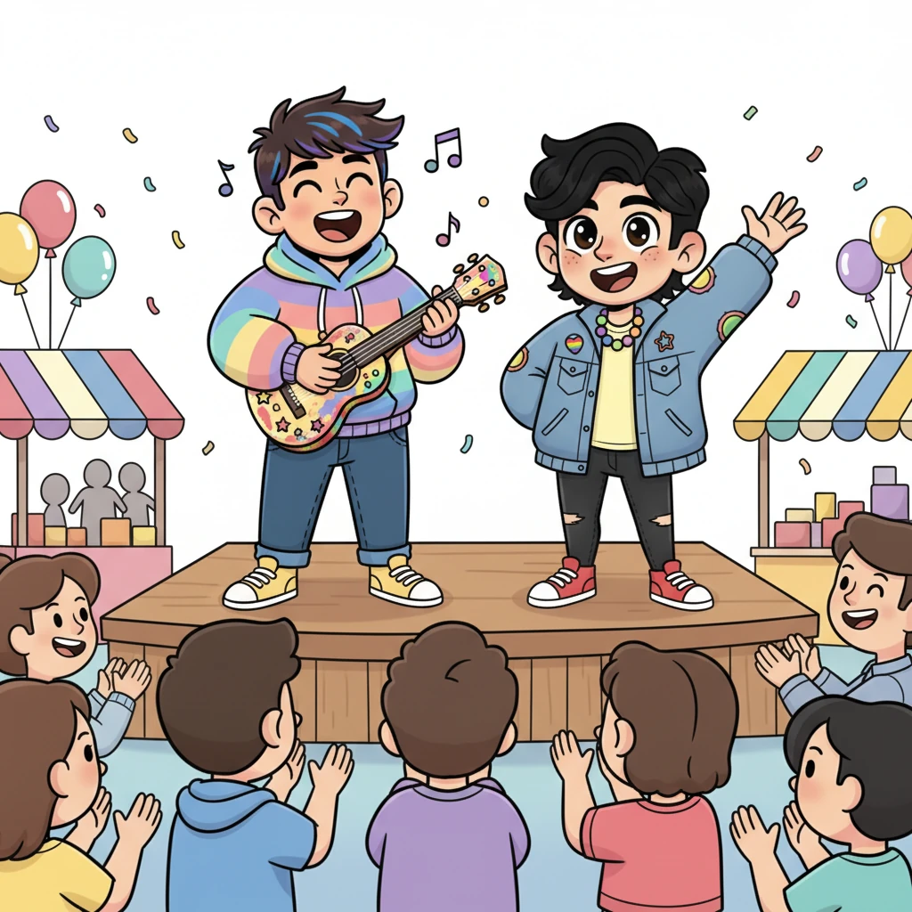 With Frank's warm encouragement, Alex stands confidently on a small stage at the bustling community fair, holding his own brightly decorated ukulele. He sings his heart out, his voice clear and strong, as Frank cheers him on from the side with an enthusiastic wave. The crowd claps along, their faces beaming with happiness, celebrating Alex's radiant self.