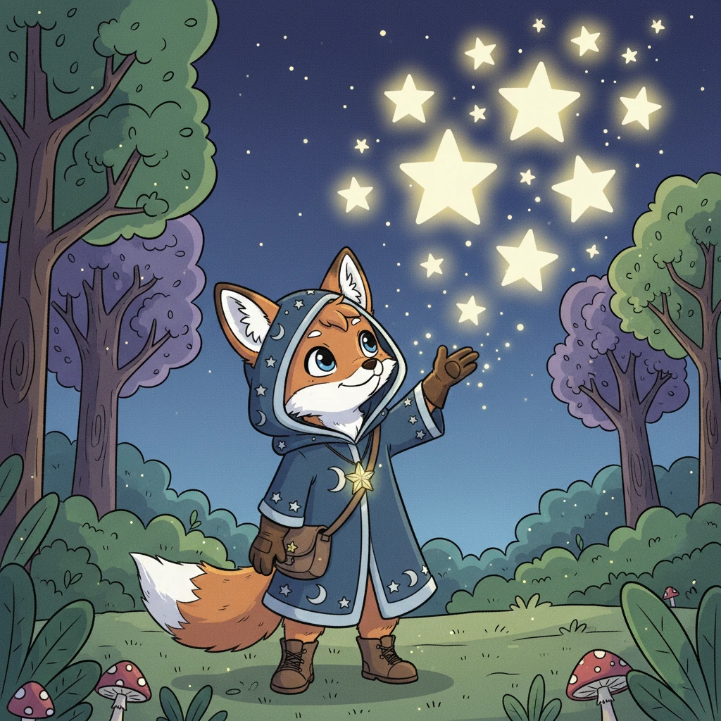 In the heart of Brightwood Forest, a small fox with a fluffy tail named Flicker loved to explore. He often looked up at the twinkling night sky, dreaming of far-off places. Tonight, the stars shone brighter than ever, filling the forest with a soft glow.