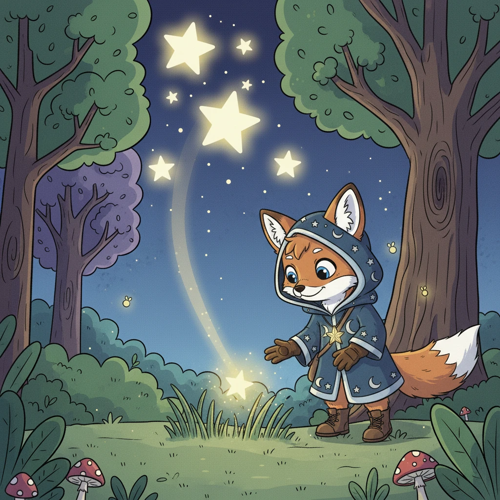 Suddenly, a tiny sparkle detached from the vast expanse, tracing a brilliant arc across the darkness. Twinkle… swoosh… plop! It landed softly in the tall grass near Flicker’s favorite oak tree. Flicker's eyes widened with wonder.