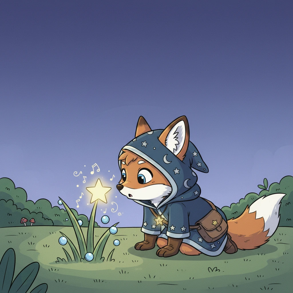 Curiosity tugging at his paws, Flicker scampered over to investigate. There, nestled among the dewdrops, was a small, glowing star, no bigger than an apple. It giggled, a sound like tiny bells, and shimmered with gentle light.