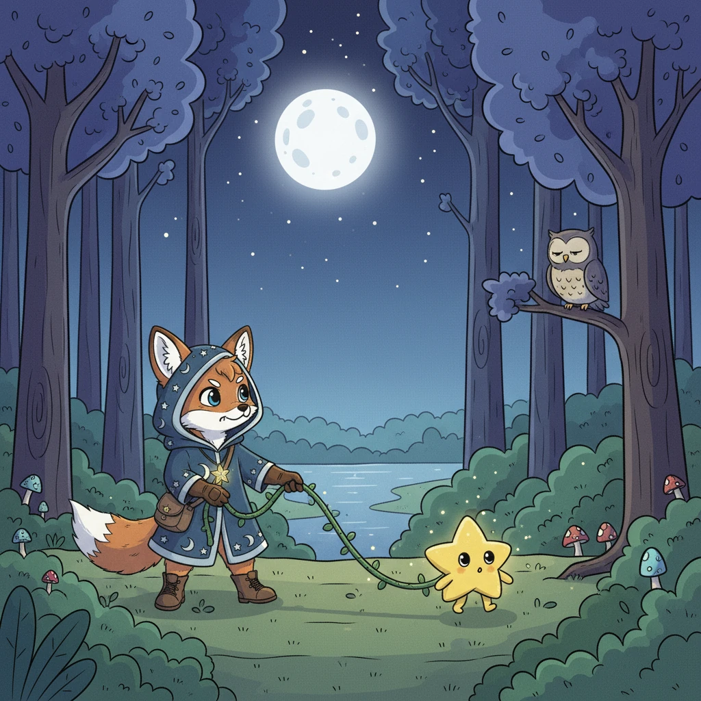 “We need to find something to help you fly,” Flicker declared, his fluffy tail wagging with determination. He led Starlet through the moonlit forest, past sleepy owls and silent streams, searching for an idea.