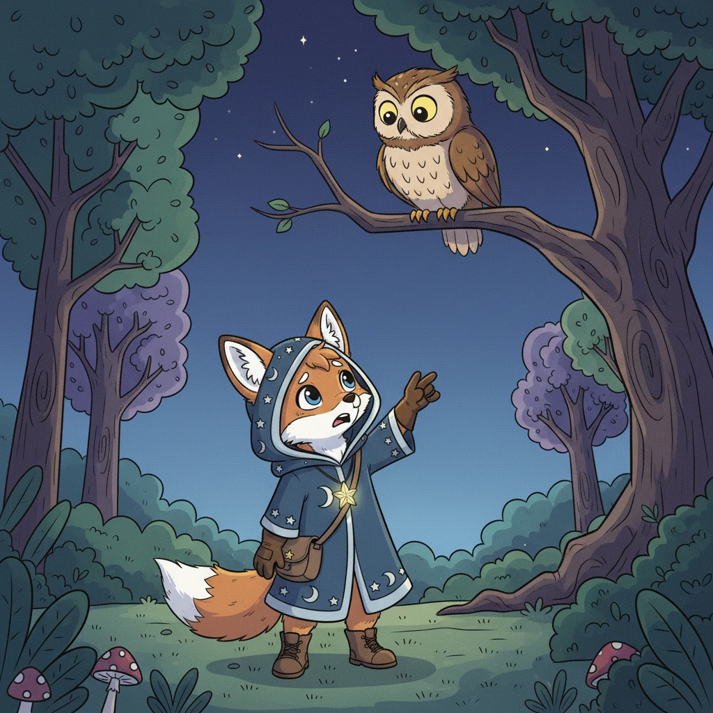 They met Barnaby the wise old owl, perched on a high branch. Flicker explained Starlet’s predicament. Barnaby thoughtfully blinked his big eyes, then suggested, “Perhaps a strong gust of wind could lift her, little one.”