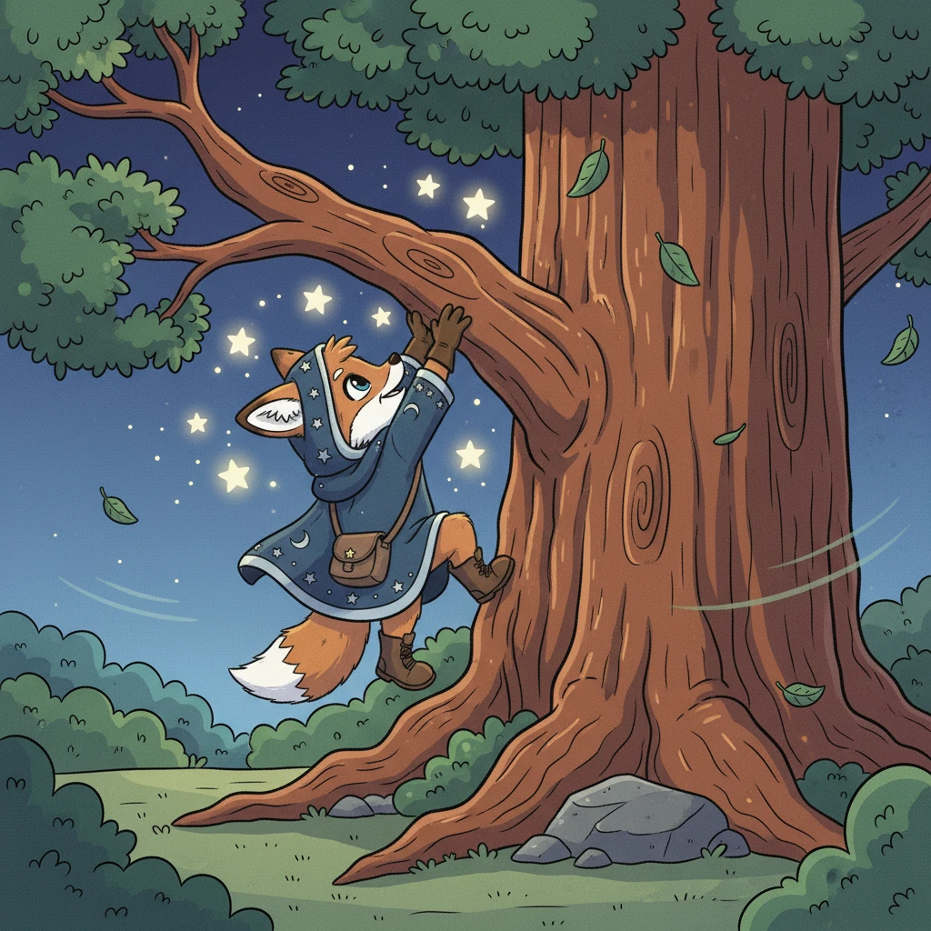 Suddenly, a gentle breeze picked up, rustling the leaves and lifting Starlet just a tiny bit. Flicker realized the wind wasn't strong enough on its own. He spotted a tall, ancient redwood tree, its branches reaching high into the heavens.