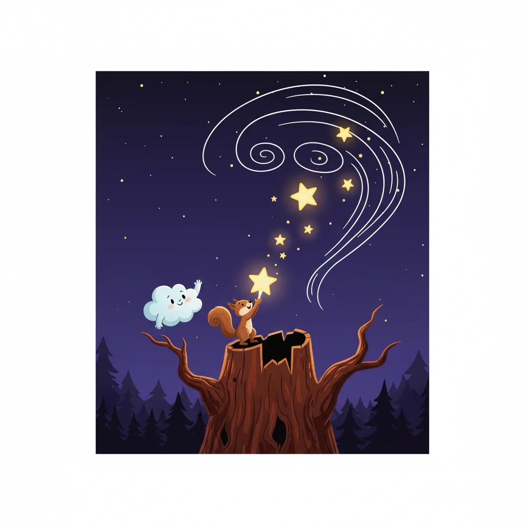 With a mighty leap, Flicker carefully carried Starlet in his paws, climbing higher and higher up the redwood. At the very top, he held her up to the sky, and a powerful gust of wind caught her. With a final, joyful giggle, Starlet soared back among her starry family, leaving Flicker with a warm, happy glow in his heart.