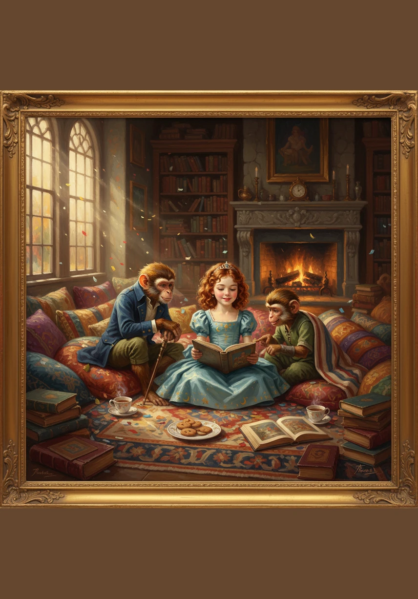 In a big, cozy room filled with soft pillows, five monkeys and six girls are fast asleep under colorful blankets. Suddenly, Tito the monkey jumps up and shouts, "Wake up, everyone! We missed our alarm and we have a flight to catch to Phule!"