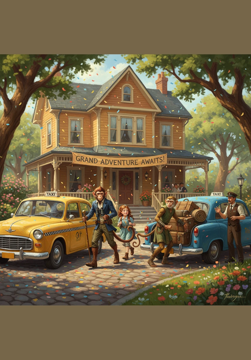 Two bright taxis wait outside the house to take the big group on their morning adventure. All the girls pile into one cab and the five monkeys hop into the other, waving to each other through the windows as the engines hum.