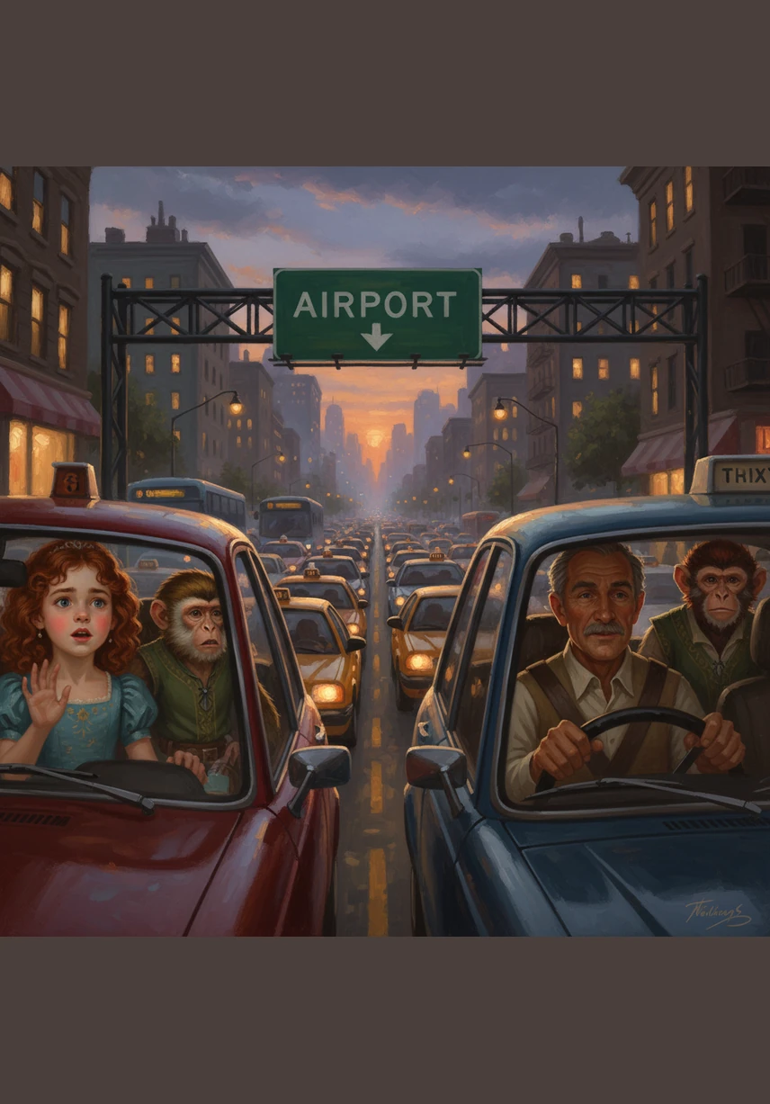 Oh no, there is so much traffic on the way to the airport! The friends look worriedly at the long line of cars, but their helpful driver uncle manages to navigate through the busy streets to get them there just in time.