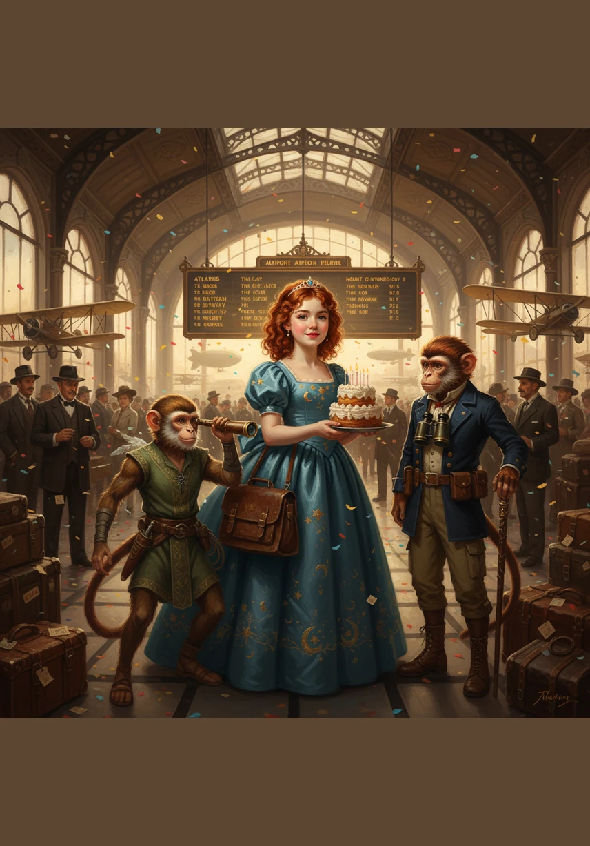 At the bustling airport, the group grabs big silver trolleys to carry all their heavy suitcases. They push their luggage through the sliding doors and head straight to the check-in counter to get their boarding passes.