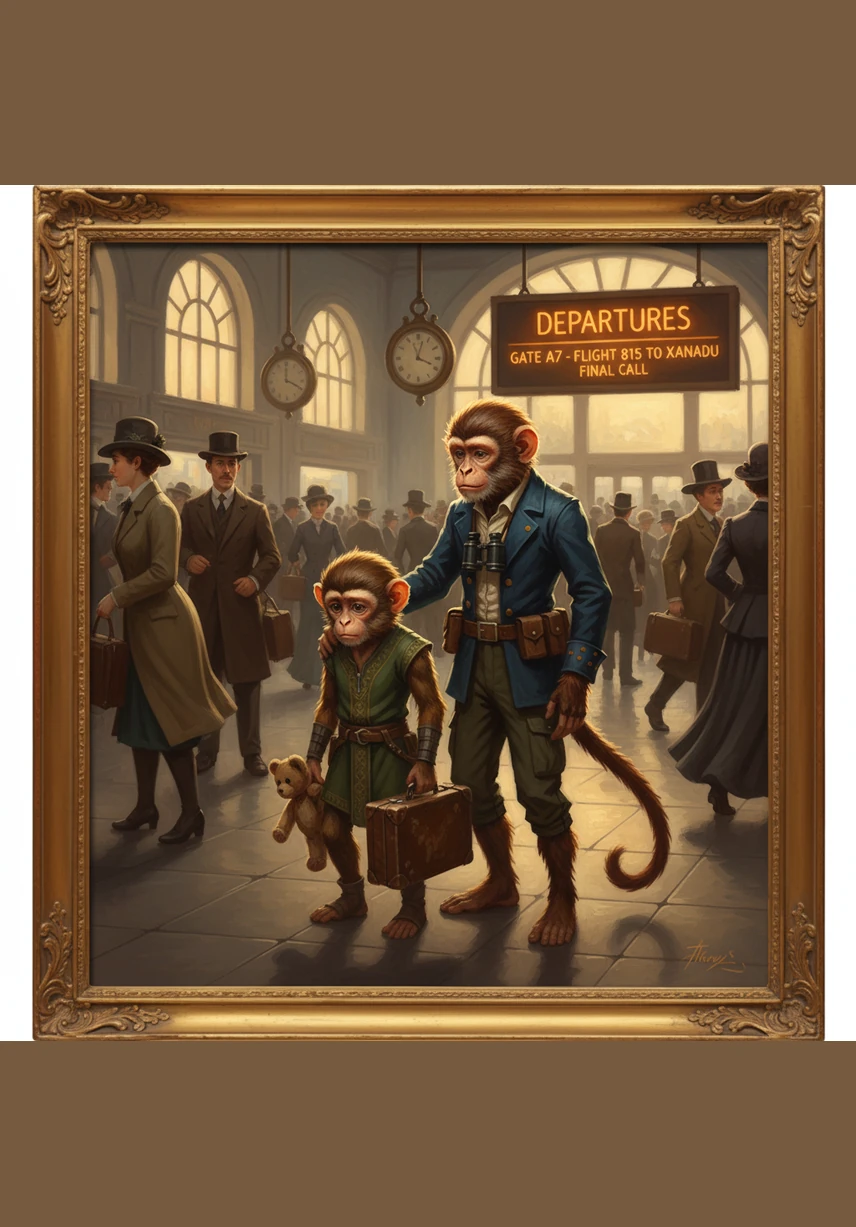 Tony the monkey realizes he left his favorite bag of snacks in the taxi and starts to feel very sad. Alex gives him a big hug and tells him not to worry, because they can find even tastier treats at the airport restaurant.