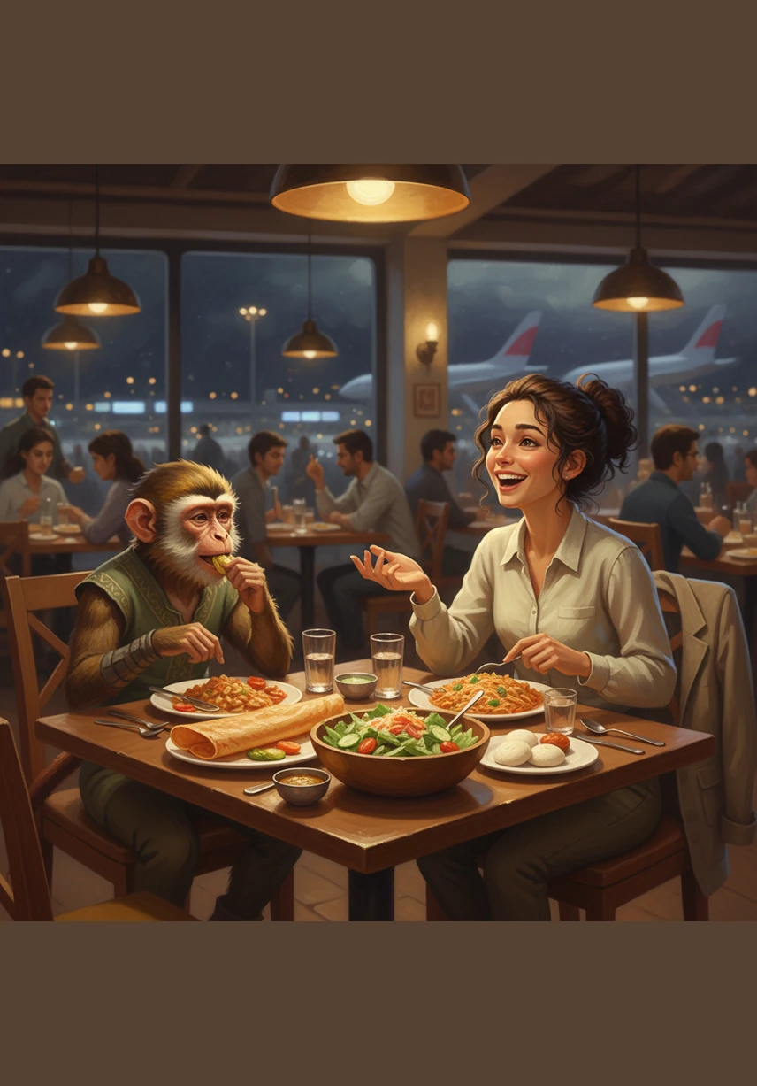The hungry friends sit down at a big table for a delicious meal before their flight. They share plates of steaming dosa, idli, pasta, and fresh salad, laughing and chatting about the fun trip they are about to take.