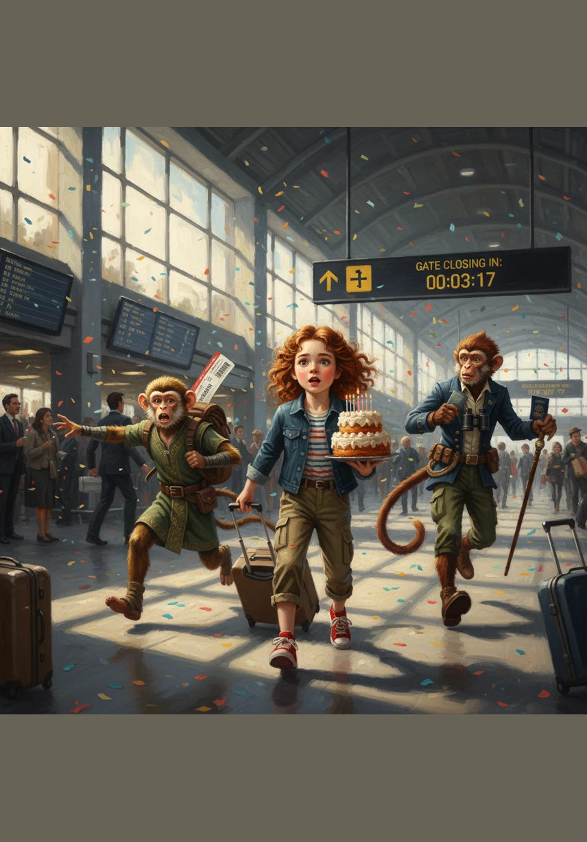 An announcement calls them to Gate 42, but the gate is very far away for little legs! They all hop onto a speedy airport buggy and zoom through the long hallways, feeling the wind in their hair as they rush to the plane.