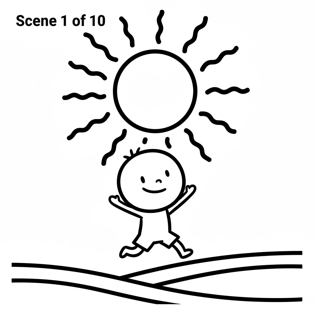 Pip, a small figure with a round head and simple stick-like limbs, played happily in a field. A big, round sun with bold rays shone brightly above, ma