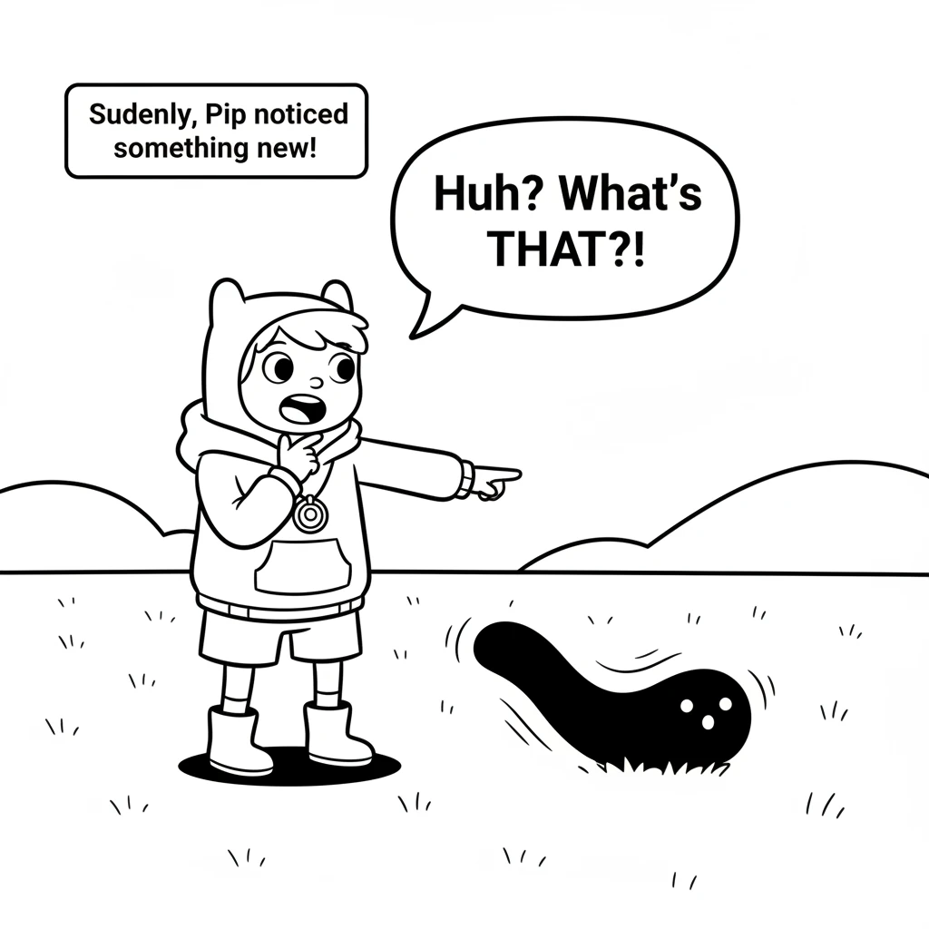 Suddenly, Pip noticed something new! A wobbly, curious shadow danced on the grass, separate from Pip's own. It was a simple, blob-like shape, stretchi