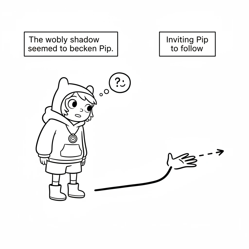 The wobbly shadow seemed to beckon Pip with a simple, curved line that looked like an arm. Pip tilted their head, curious about this playful new frien