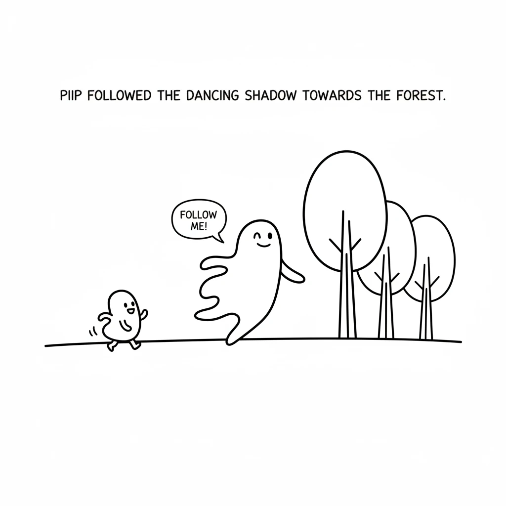Pip, a small, eager shape, began to follow the dancing shadow. They walked towards the edge of a simple forest, marked by a few tall, rounded trees. T
